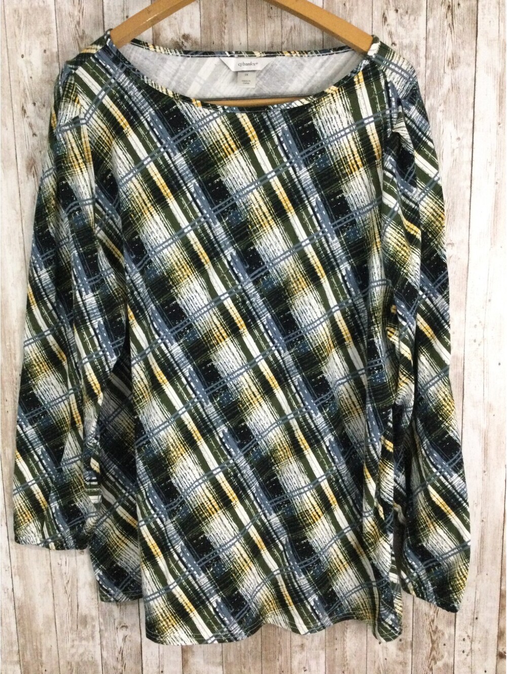 CJ Banks 1X Long Sleeve Pull Over Knit Cotton Stretch Top Artsy Elastic Sleeve